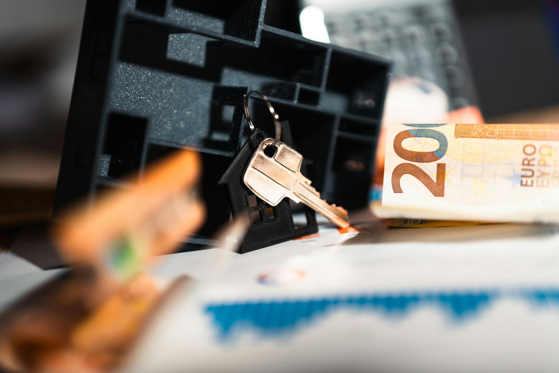 Keys with a house model, Euro bills, and charts suggesting real estate and financial themes.